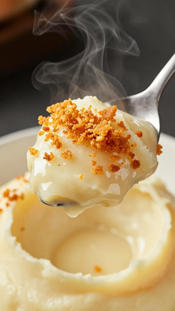 Spoon breaking crispy mash topping, steamy gravy filling