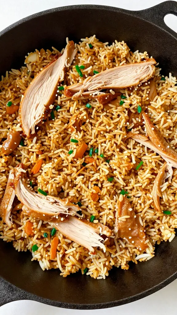 Leftover turkey fried rice in cast-iron skillet, overhead