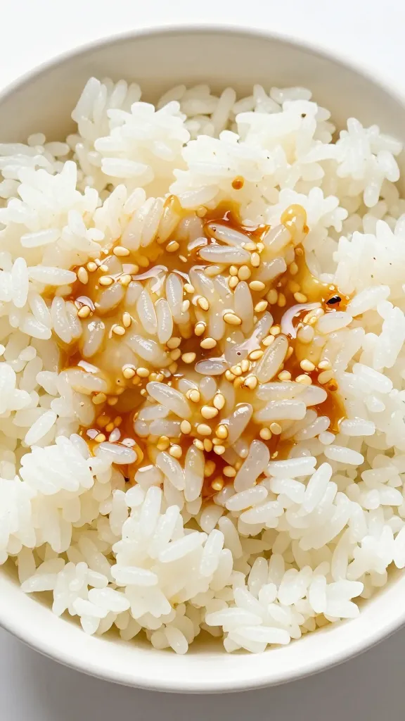 Cold day-old rice in bowl with soy and sesame oil