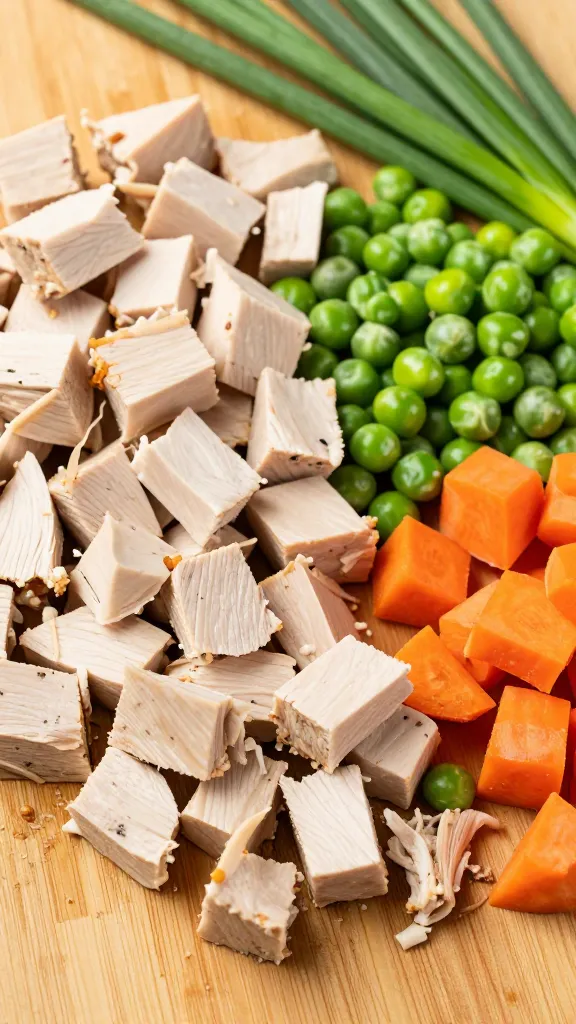 Diced turkey, peas, carrots, scallions prepped on board