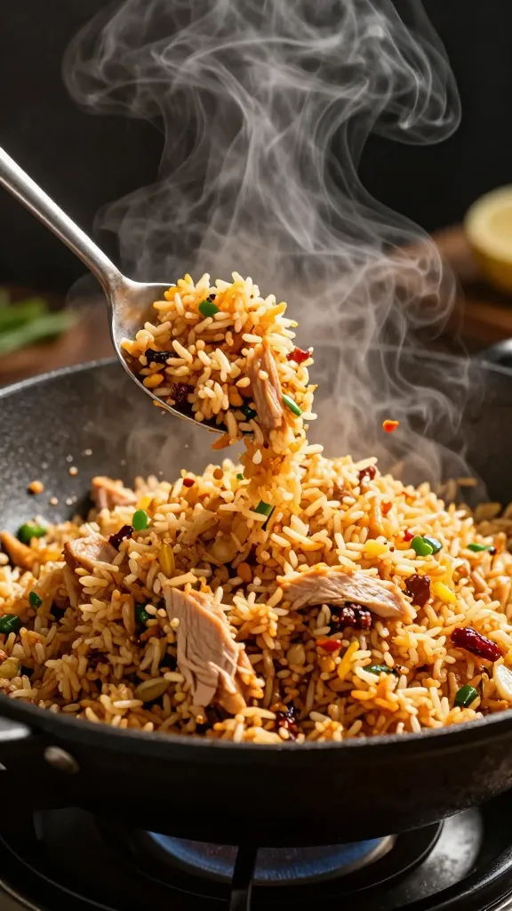 Wok tossing turkey fried rice, steam rising, side light