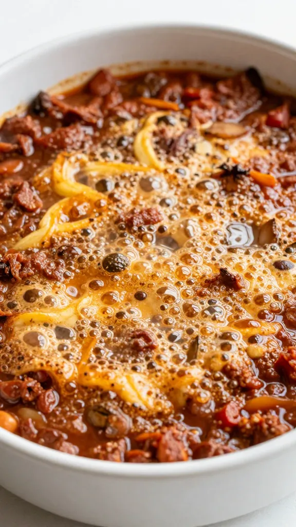 bubbling leftover chili casserole in white ceramic dish