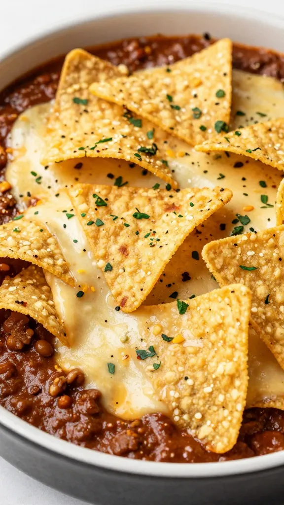 crispy tortilla chip topping on cheesy chili bake