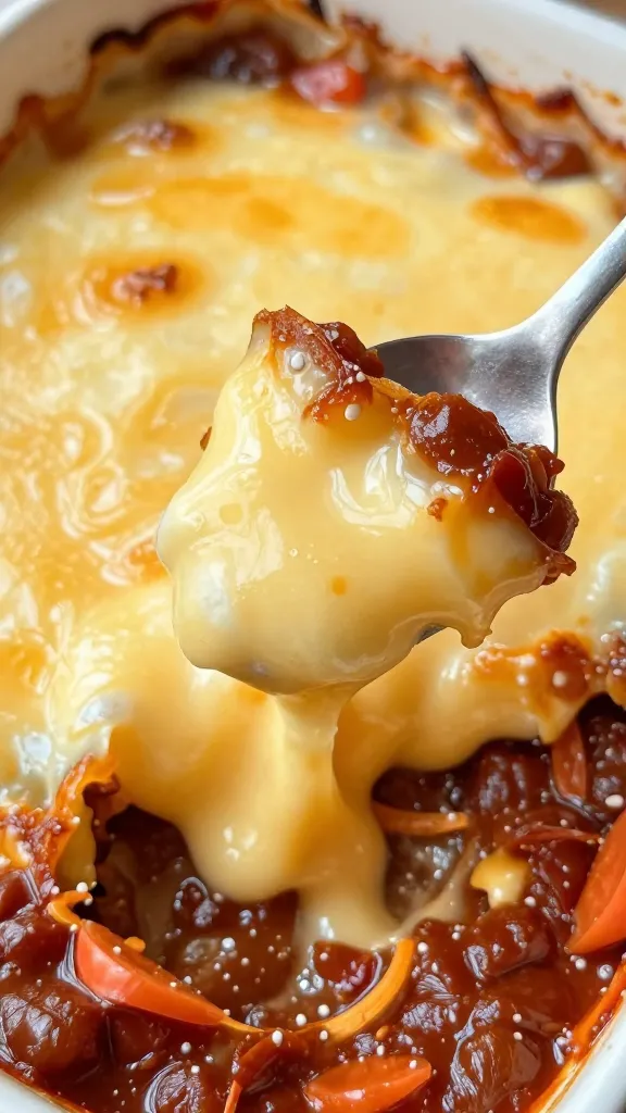 spoon scooping gooey cheese from chili casserole