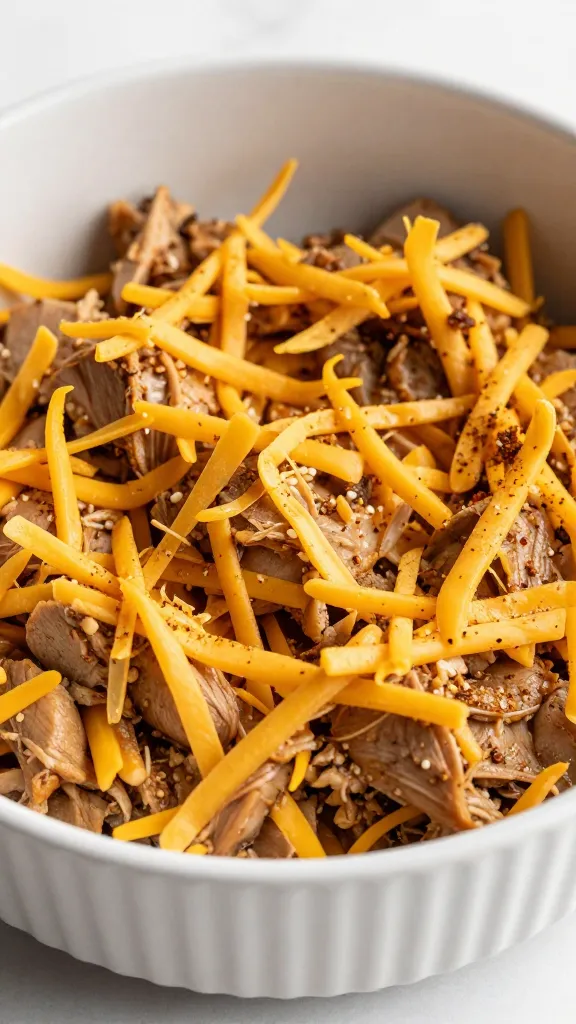 One-bowl turkey mixture with shredded cheese and spices