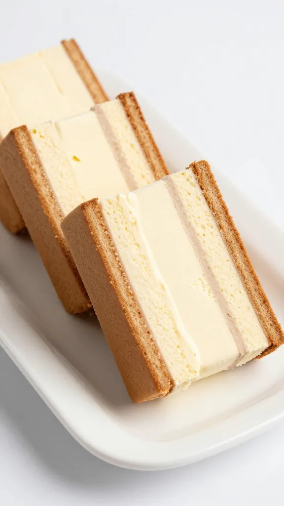 sliced ice cream sandwich cake on white platter