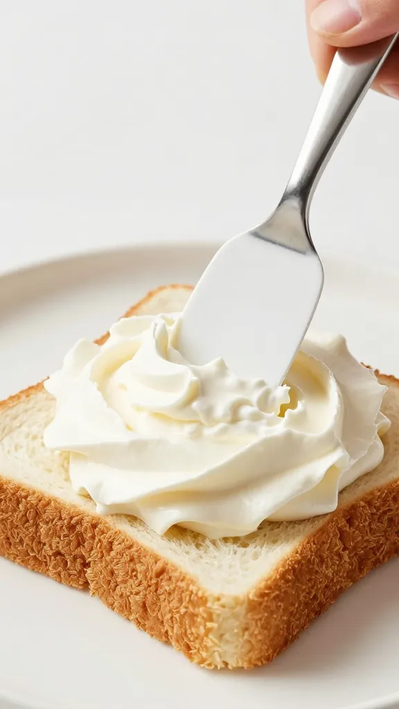 spatula smoothing whipped cream over sandwich layer