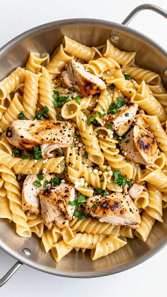 one-pan summer chicken pasta in stainless skillet