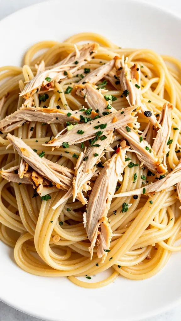leftover shredded chicken tossed with pasta and herbs
