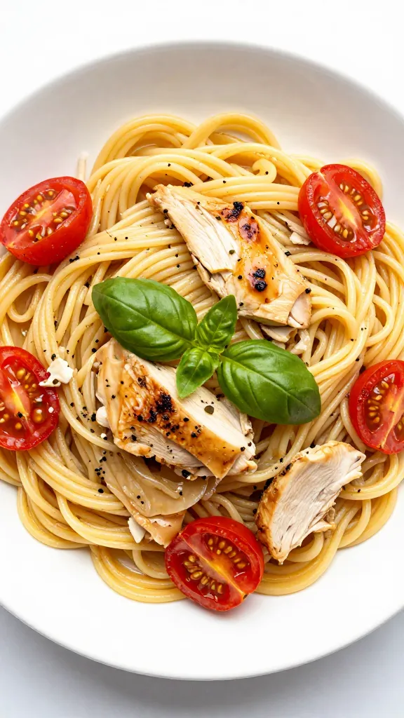 bright pasta with cherry tomatoes, basil, and chicken