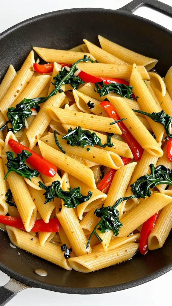 stovetop skillet pasta with wilting herbs and peppers