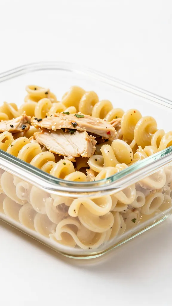 cold leftover chicken pasta in glass container
