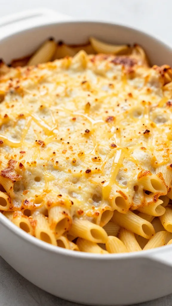 Turkey pasta bake with golden cheese crust in casserole