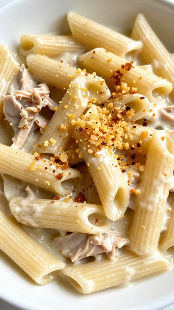 Creamy turkey penne topped with crispy breadcrumbs