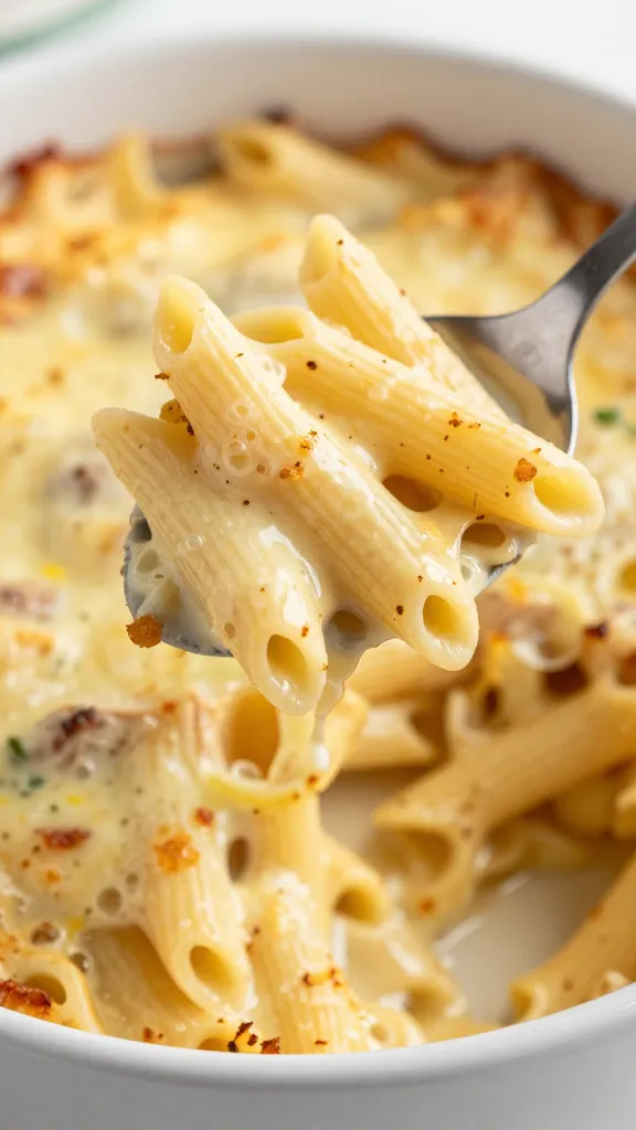 Scooping bubbly turkey pasta bake with serving spoon
