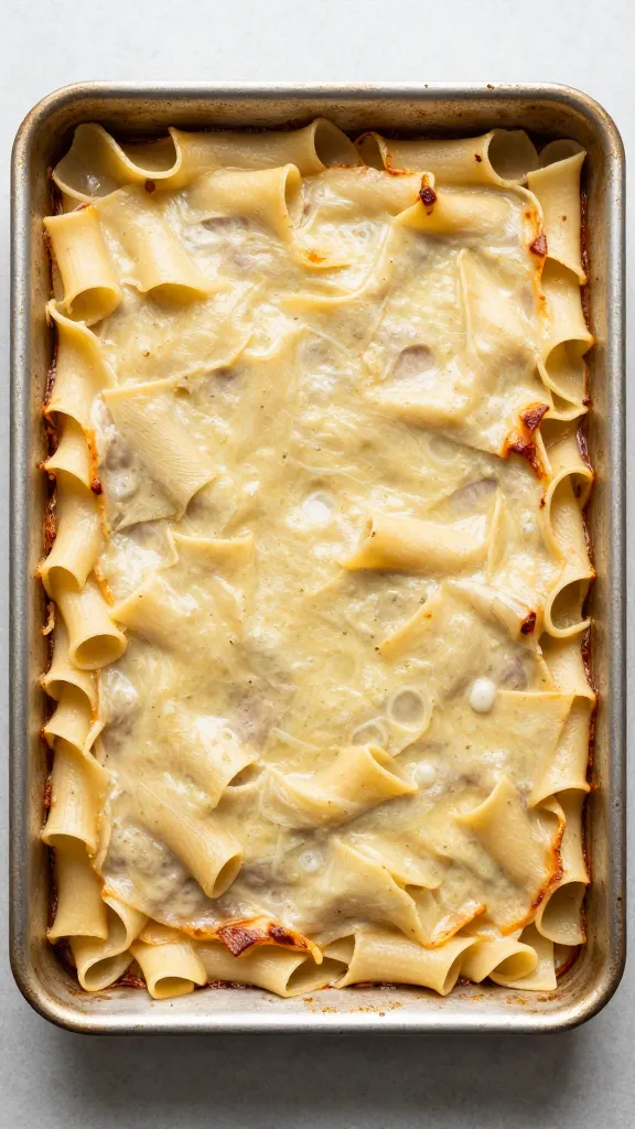 Overhead shot of baked turkey pasta on rustic sheet pan