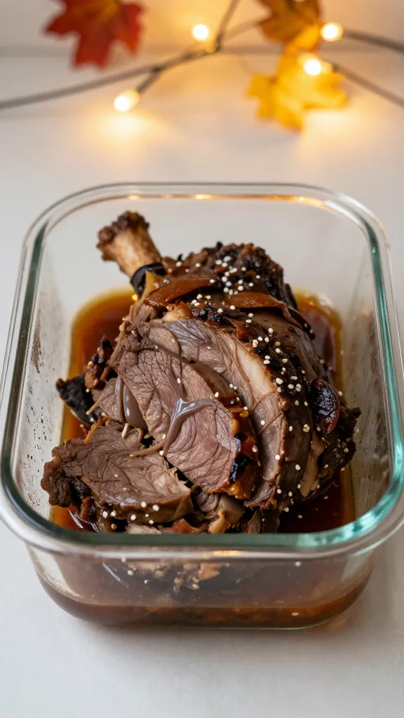 Leftover pot roast in glass container, cozy fall lighting