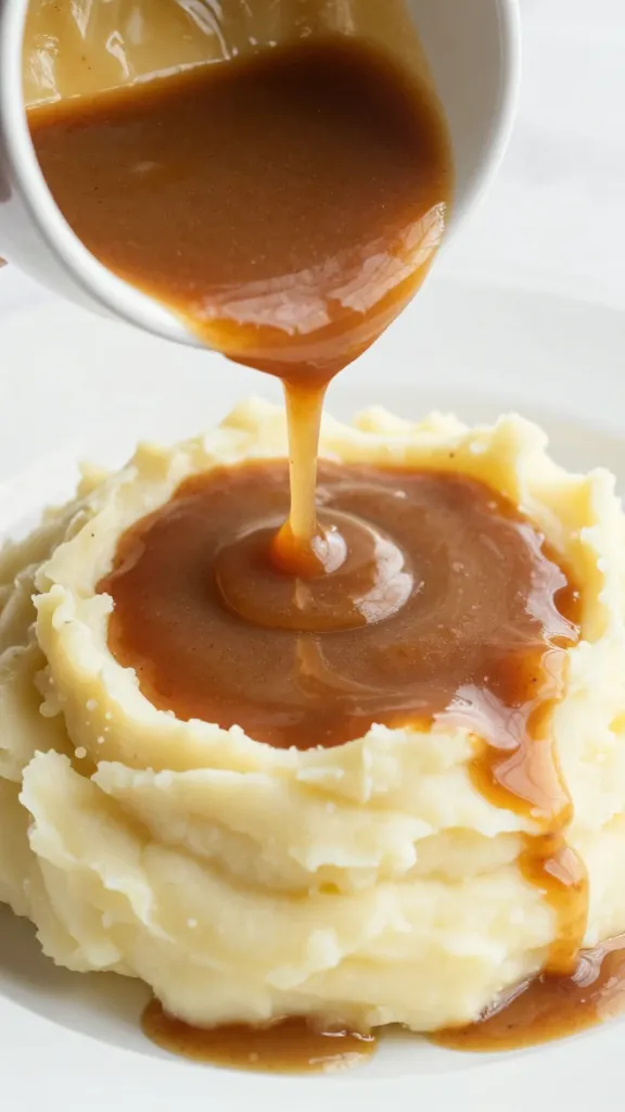 Pot roast gravy ladled over creamy mashed potatoes