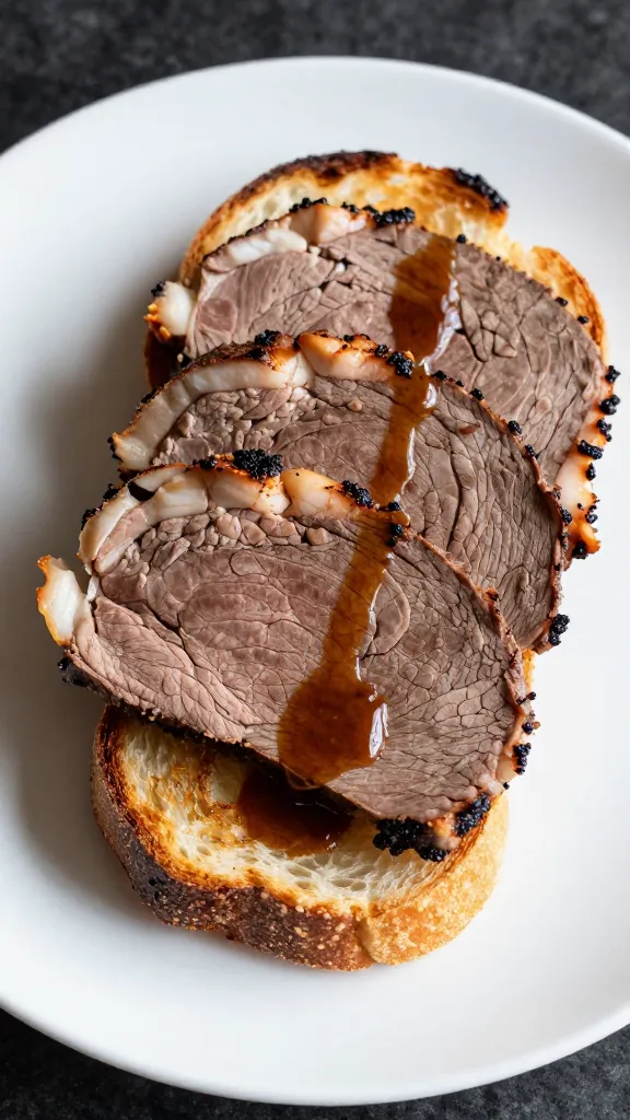 Sliced pot roast on toasted sourdough, drizzle of pan juices