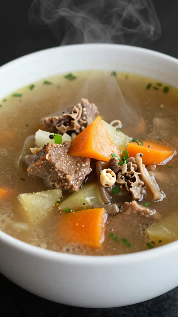 Pot roast vegetable soup in white bowl, steam rising