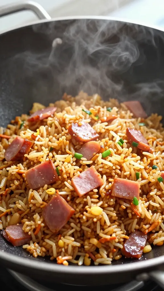 Crispy ham fried rice in wok, steam rising