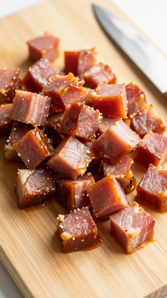 Caramelized ham cubes on cutting board, knife nearby