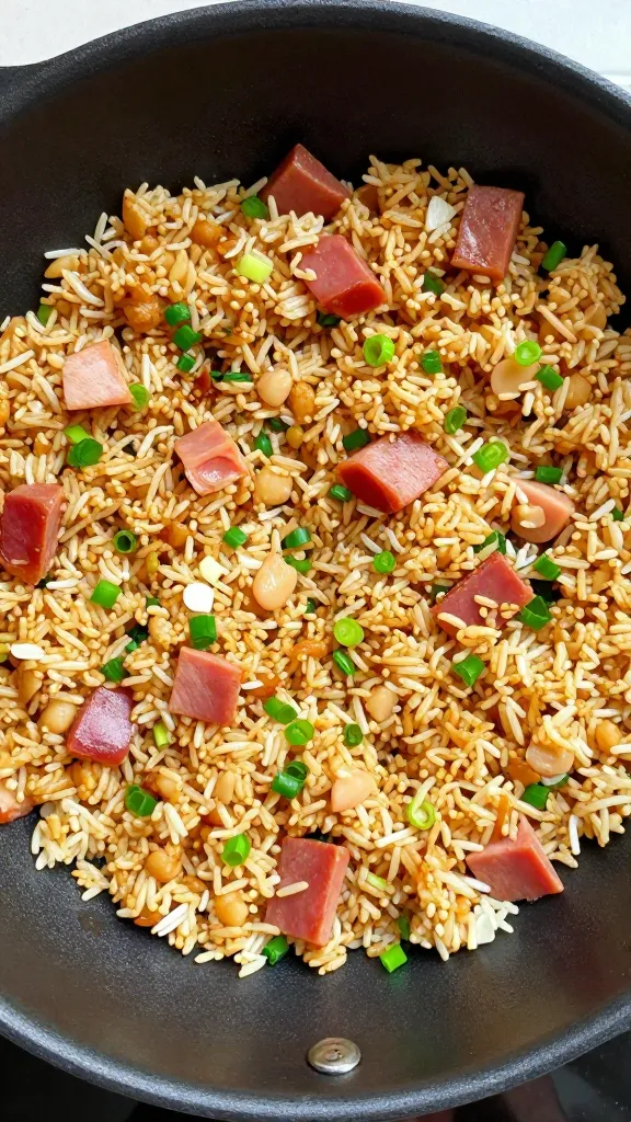 Leftover ham fried rice in black skillet, scallions