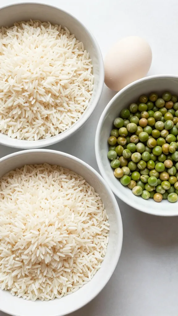 Day-old rice, peas, and eggs prepped in bowls