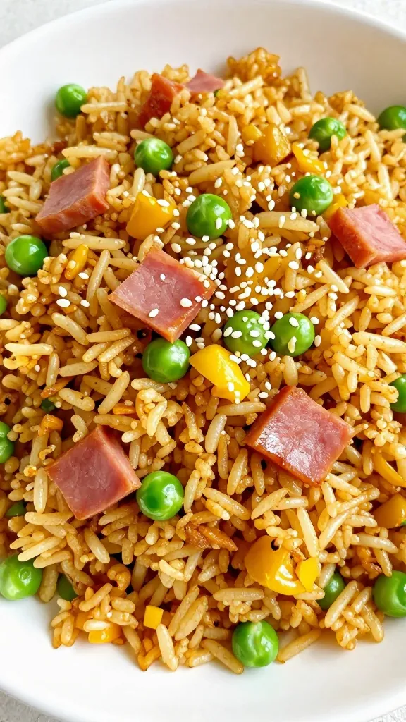Golden fried rice with ham, peas, and sesame seeds