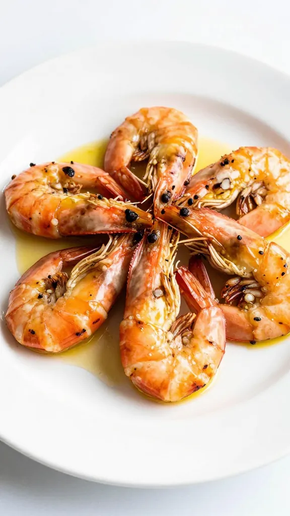 chilled grilled shrimp with garlic oil on white plate