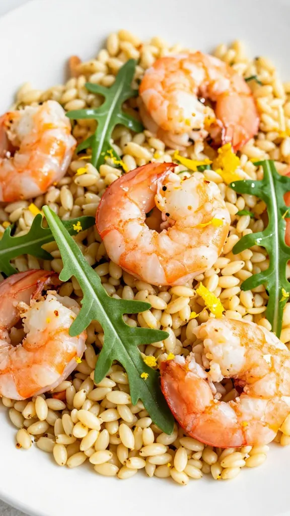 shrimp tossed with orzo, arugula, and lemon zest