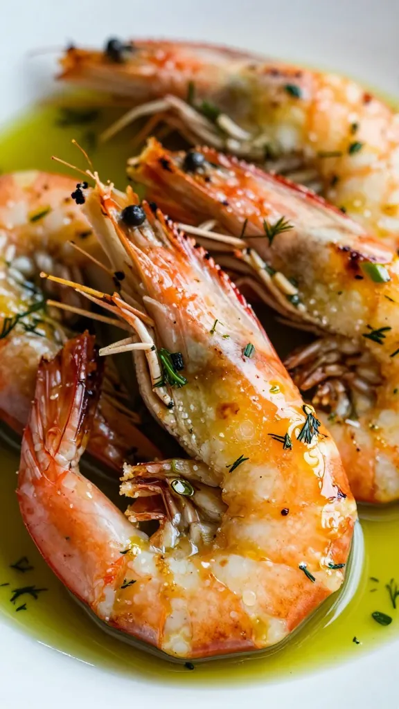 close-up charred shrimp with dill and olive oil drizzle