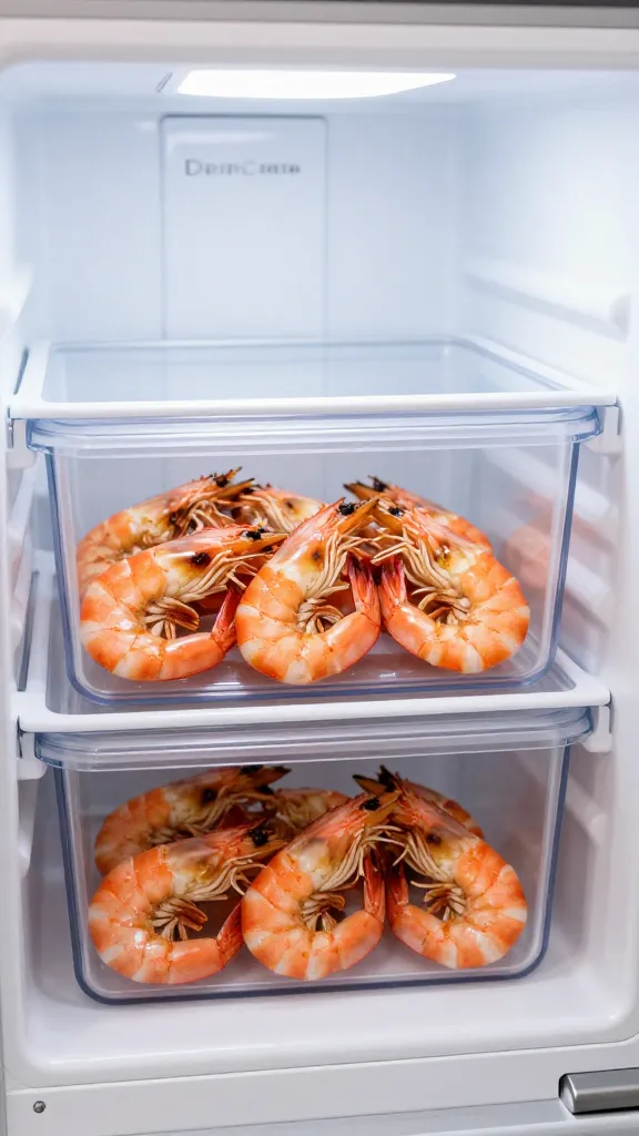 refrigerator container of leftover grilled shrimp, labeled for dinner