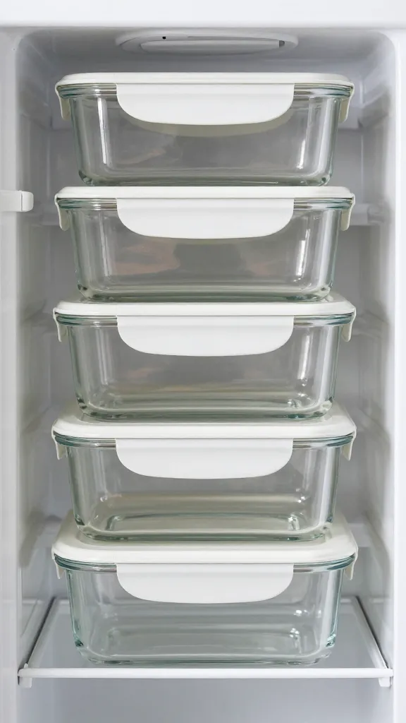 Labeled glass meal prep containers in fridge door