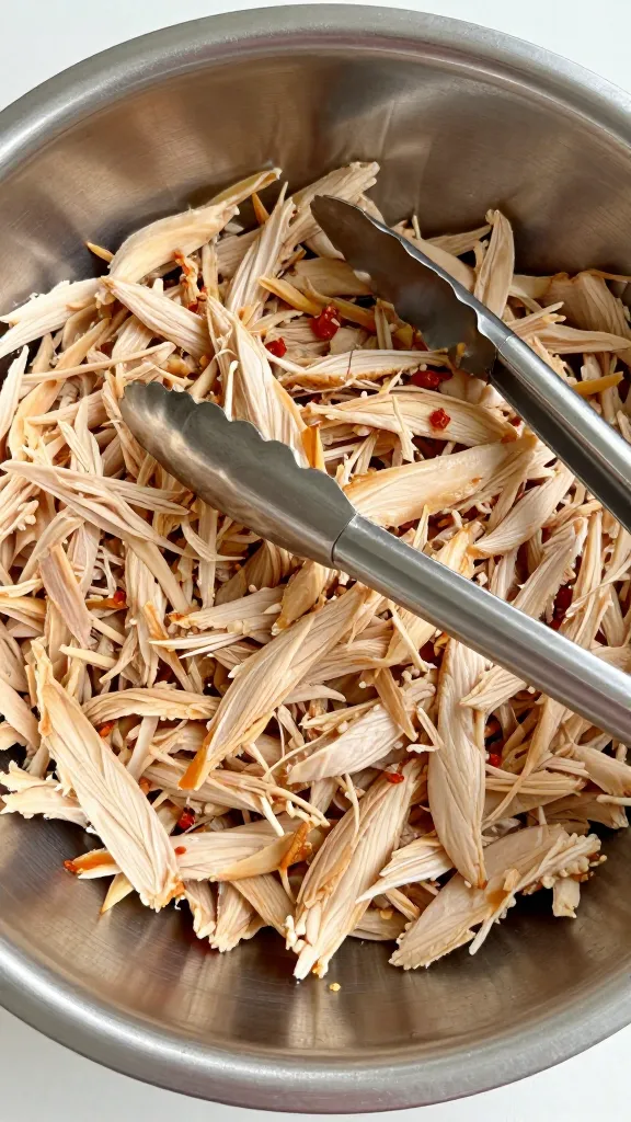 Shredded chicken in stainless bowl with tongs