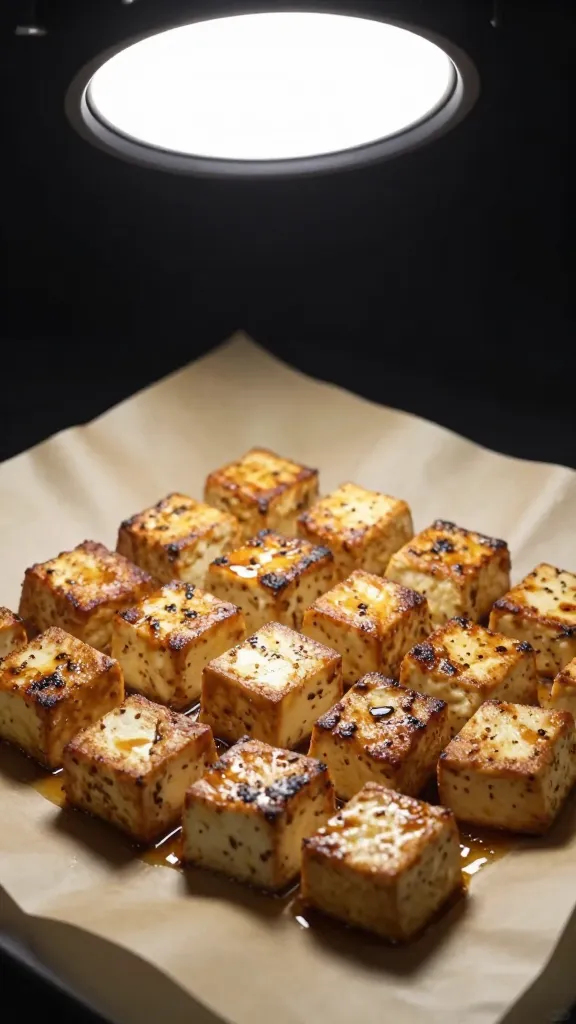 Seared tofu cubes on parchment, overhead studio light