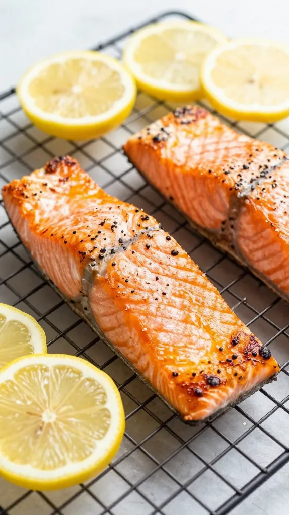 Baked salmon fillets on cooling rack, lemon slices