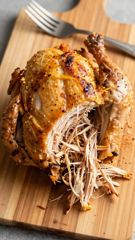 shredded rotisserie chicken on wooden board with forks
