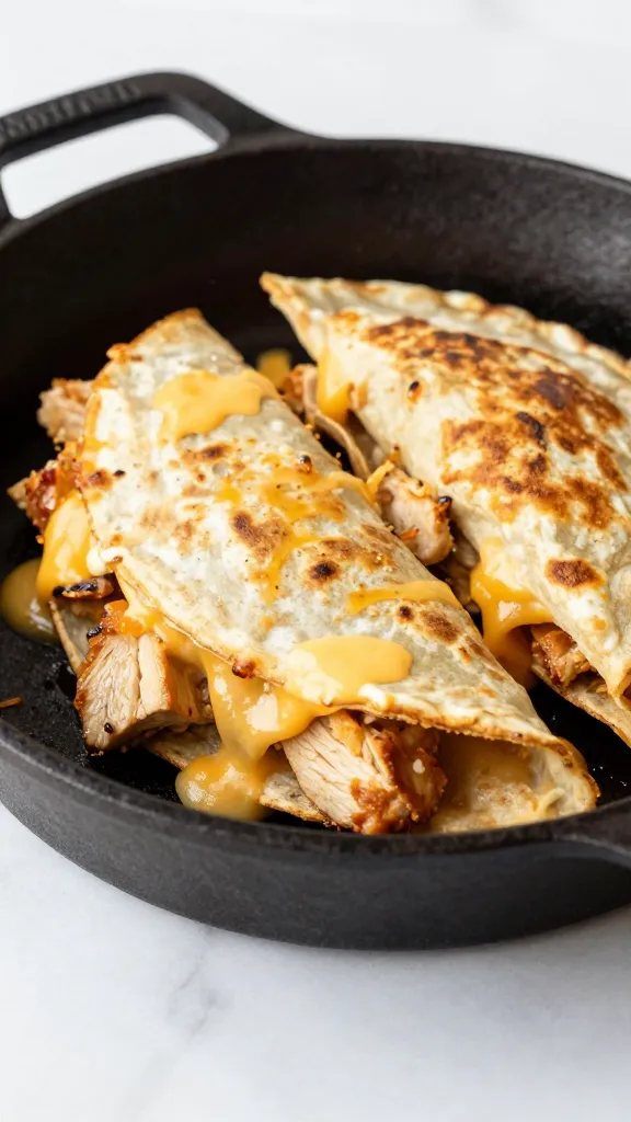 chicken tortilla quesadilla in cast-iron skillet, melted cheese