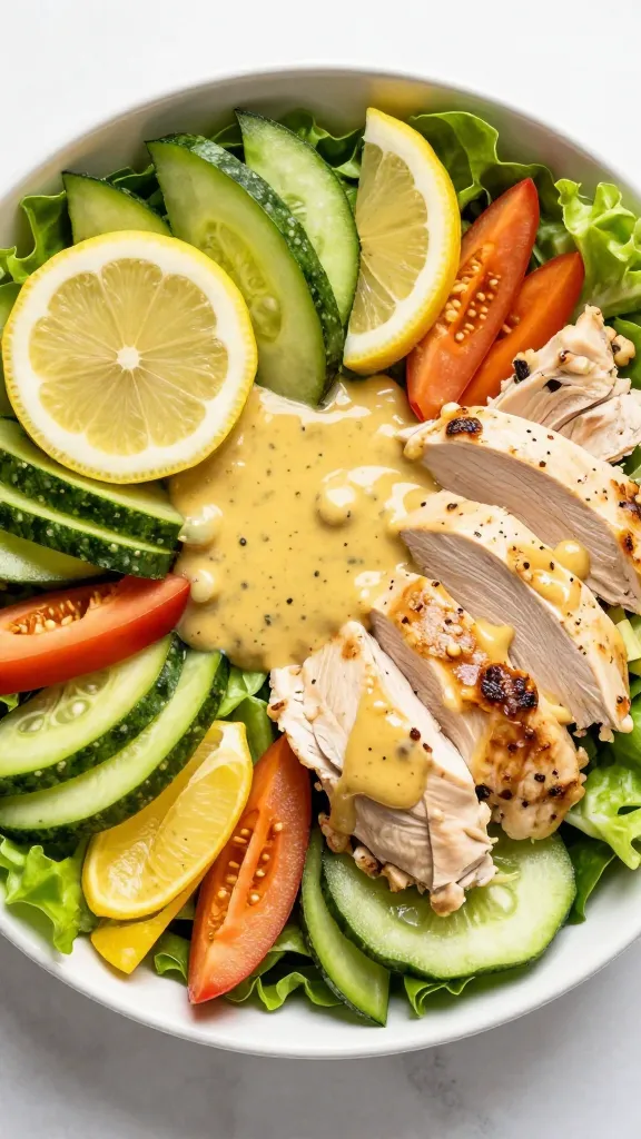rotisserie chicken salad with crunchy veggies, lemon vinaigrette