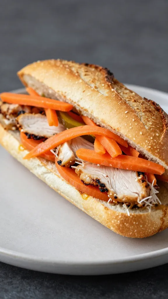 chicken banh mi on toasted baguette, pickled carrots