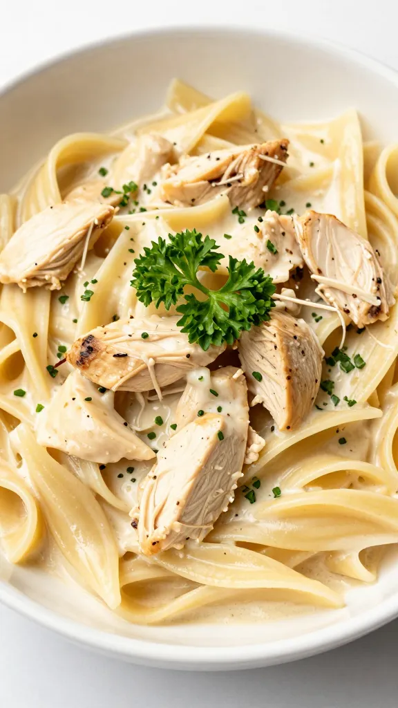 creamy chicken pasta in white bowl, parsley garnish