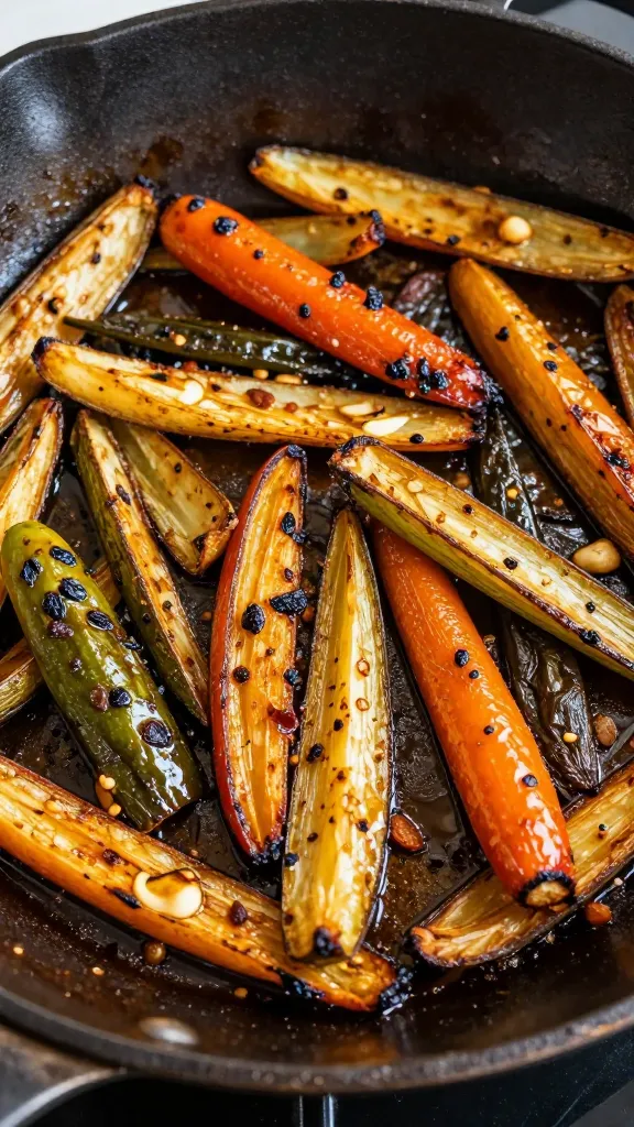 skillet of crispy leftover roasted vegetables, high heat sear