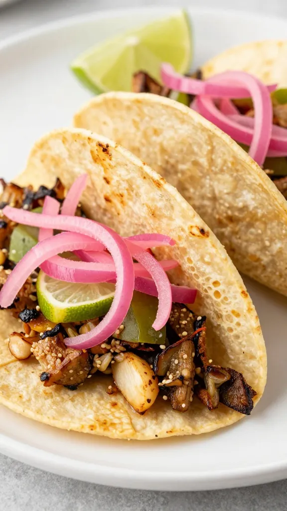 roasted veg tacos with lime and pickled onions