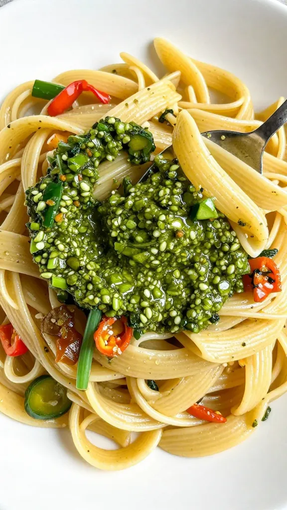pasta with leftover veggies and spoon of pesto