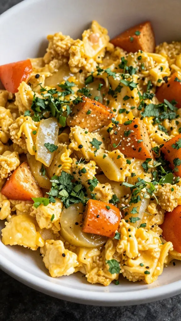 warm vegetable scramble topped with fresh herbs