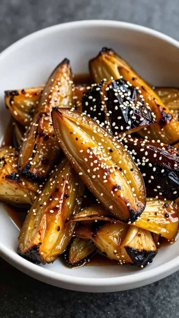 bowl of soy-glazed roasted vegetables with sesame seeds