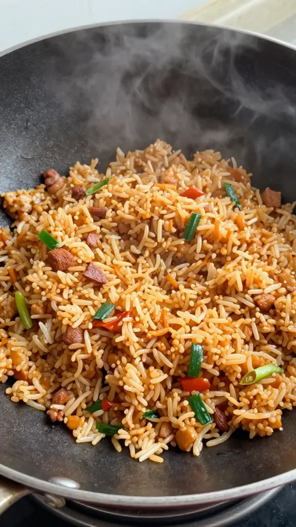Ham fried rice in wok, steam rising