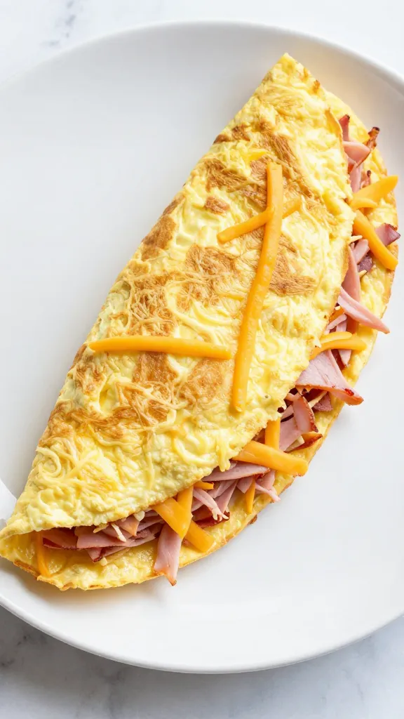 Shredded ham omelet with cheddar on white plate