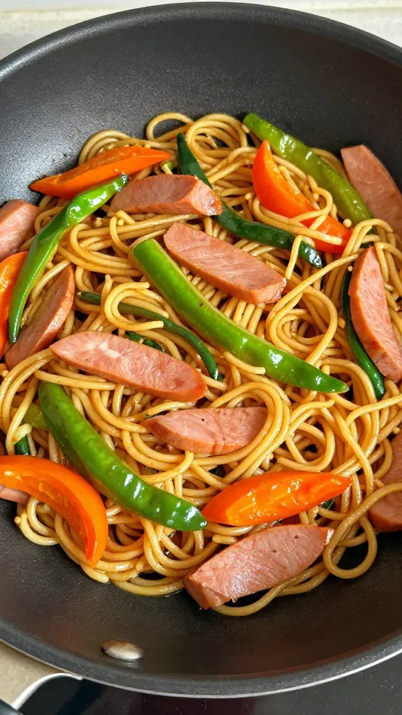 Ham and veggie noodle stir-fry in black skillet